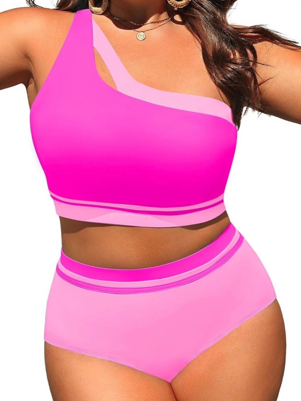 One-Shoulder Colorblock Bikini Set in Hot Pink and Light Pink